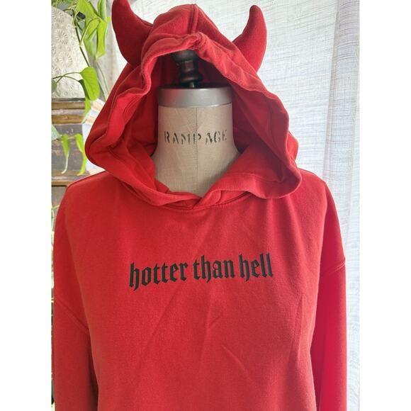 Red Devil Horn Hoodie Hotter Than Hell Pullover Men’s Size Medium Unisex - Picture 9 of 9
